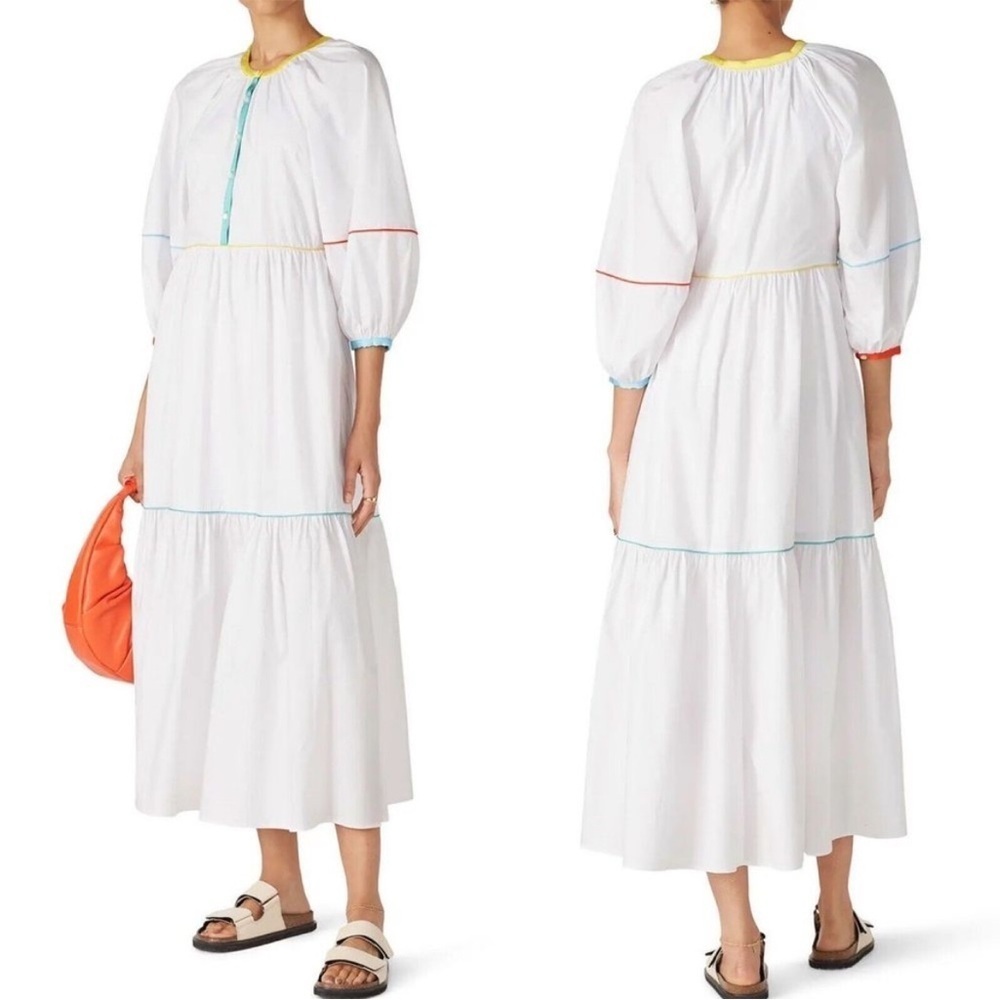 Staud Demi Tiered Puff Sleeve Maxi Dress in White With Colored Trim Size 10